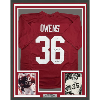 Framed Autographed/Signed Steve Owens 69 Heisman 35x39 Oklahoma Maroon College Football Jersey Beckett BAS COA
