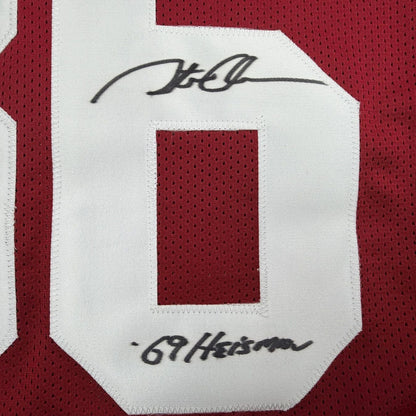 Framed Autographed/Signed Steve Owens 69 Heisman 35x39 Oklahoma Maroon College Football Jersey Beckett BAS COA