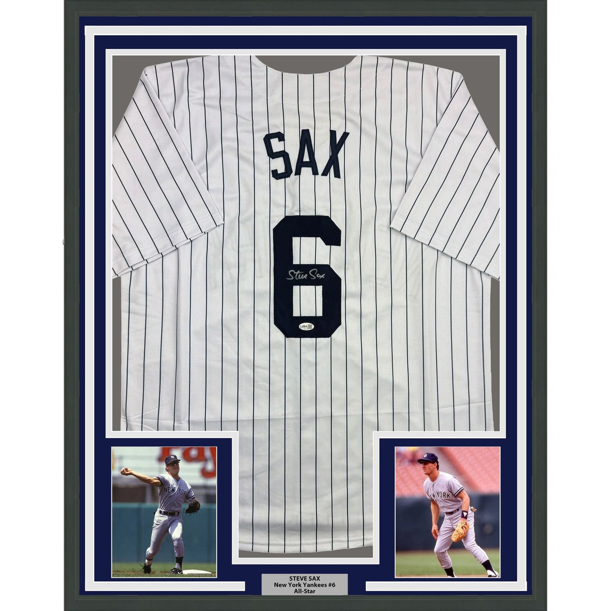 Framed Autographed/Signed Steve Sax 35x39 New York Pinstripe Baseball Jersey JSA COA