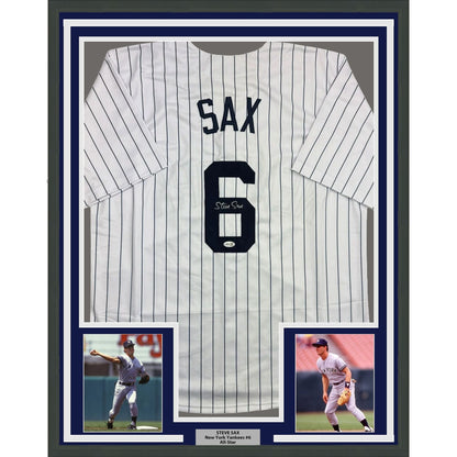 Framed Autographed/Signed Steve Sax 35x39 New York Pinstripe Baseball Jersey JSA COA