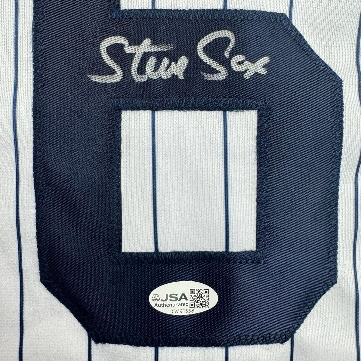 Framed Autographed/Signed Steve Sax 35x39 New York Pinstripe Baseball Jersey JSA COA