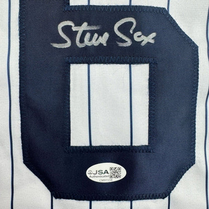 Framed Autographed/Signed Steve Sax 35x39 New York Pinstripe Baseball Jersey JSA COA