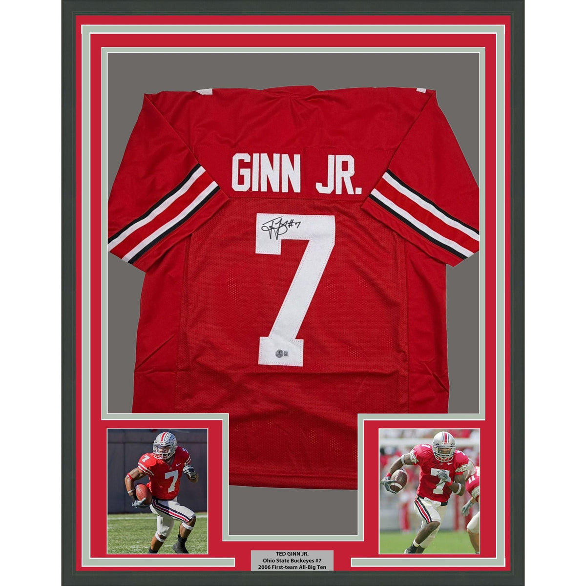 Framed Autographed/Signed Ted Ginn Jr. 35x39 Ohio State Red College Football Jersey Beckett BAS COA