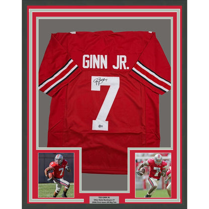 Framed Autographed/Signed Ted Ginn Jr. 35x39 Ohio State Red College Football Jersey Beckett BAS COA