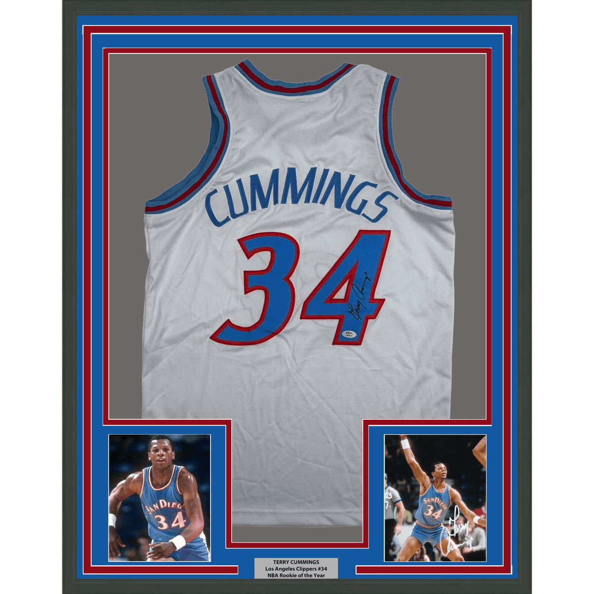 Framed Autographed/Signed Terry Cummings 35x39 Los Angeles White Basketball Jersey Beckett BAS COA