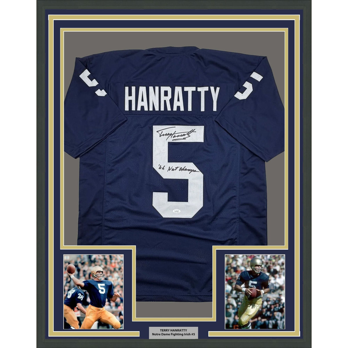 Framed Autographed/Signed Terry Hanratty 35x39 Notre Dame Blue College Football Jersey JSA COA
