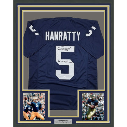 Framed Autographed/Signed Terry Hanratty 35x39 Notre Dame Blue College Football Jersey JSA COA