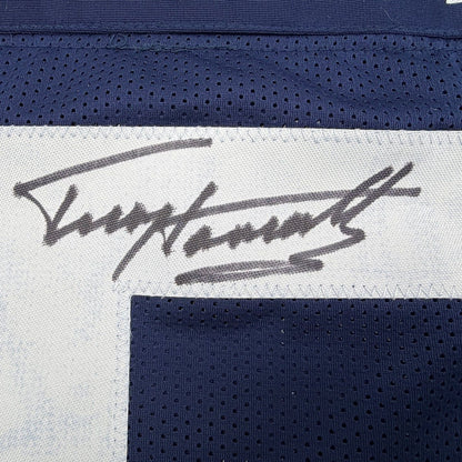 Framed Autographed/Signed Terry Hanratty 35x39 Notre Dame Blue College Football Jersey JSA COA