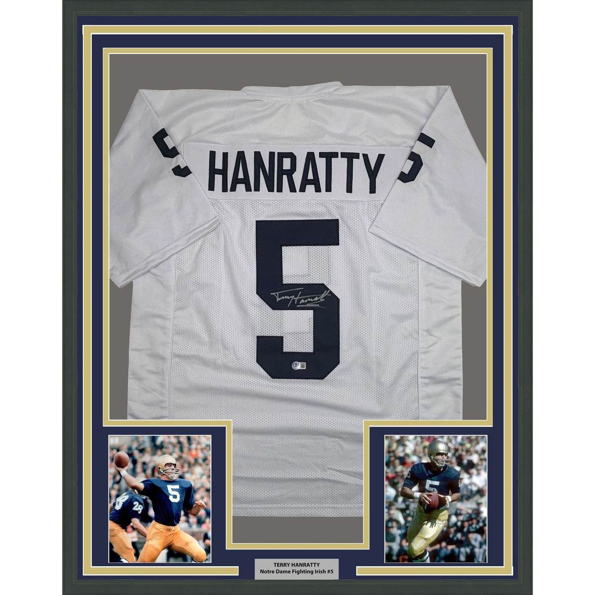 Framed Autographed/Signed Terry Hanratty 35x39 Notre Dame White College Football Jersey Beckett BAS COA
