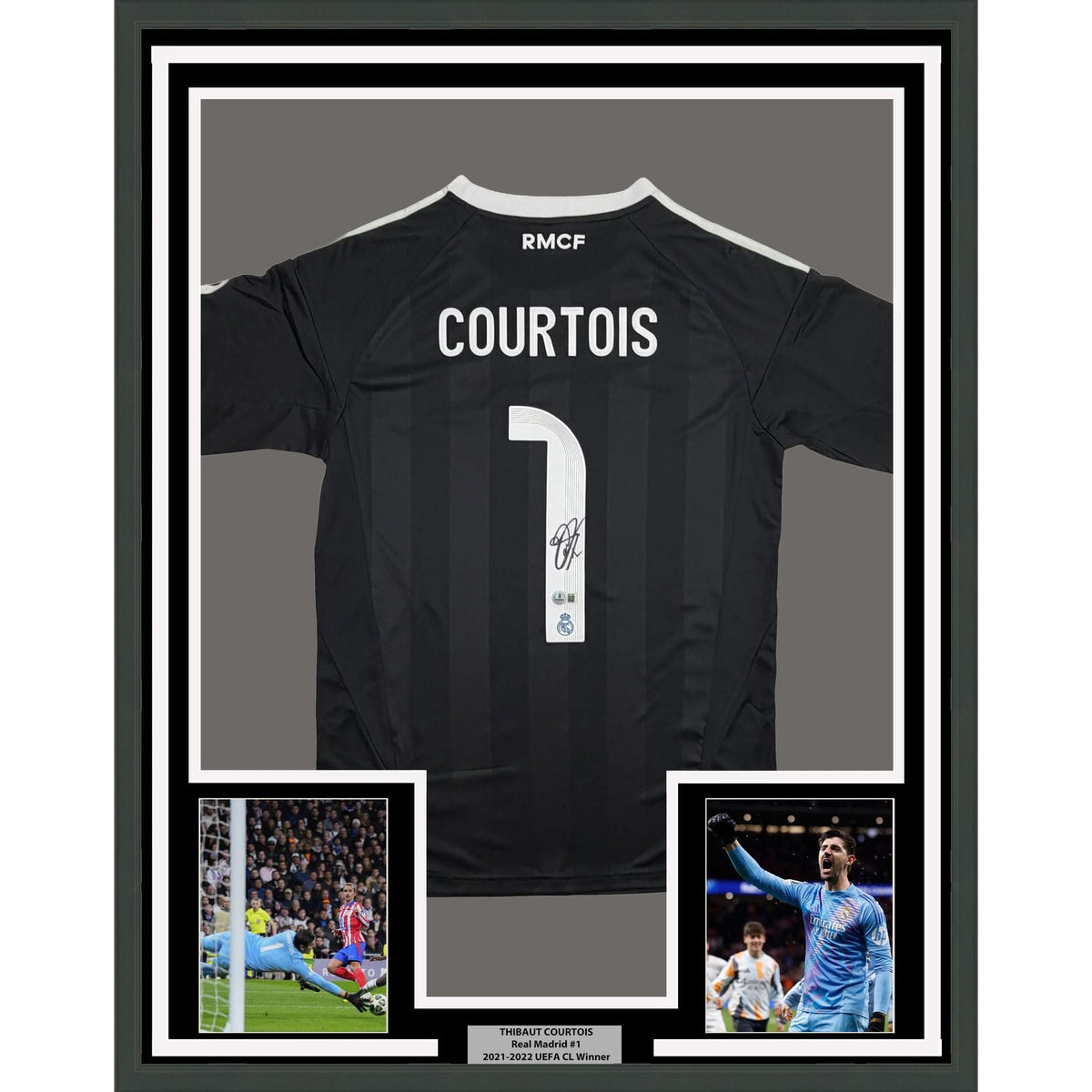 Framed Autographed/Signed Thibaut Courtois 35x39 Real Madrid Black Soccer Jersey Beckett BAS COA