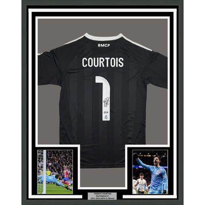 Framed Autographed/Signed Thibaut Courtois 35x39 Real Madrid Black Soccer Jersey Beckett BAS COA