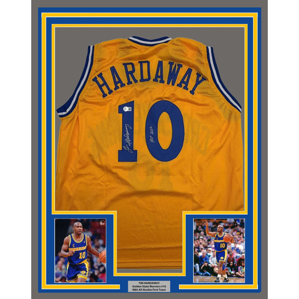 Framed Autographed/Signed Tim Hardaway 35x39 Golden State Yellow Basketball Jersey Beckett BAS COA