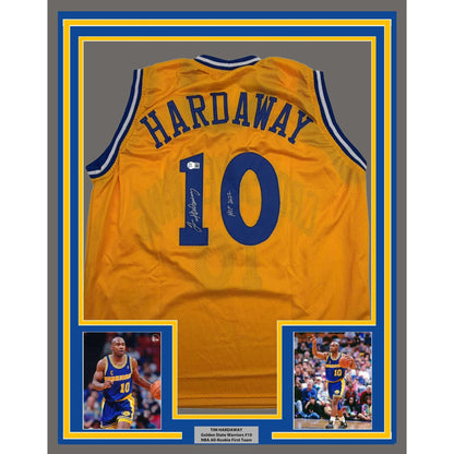 Framed Autographed/Signed Tim Hardaway 35x39 Golden State Yellow Basketball Jersey Beckett BAS COA