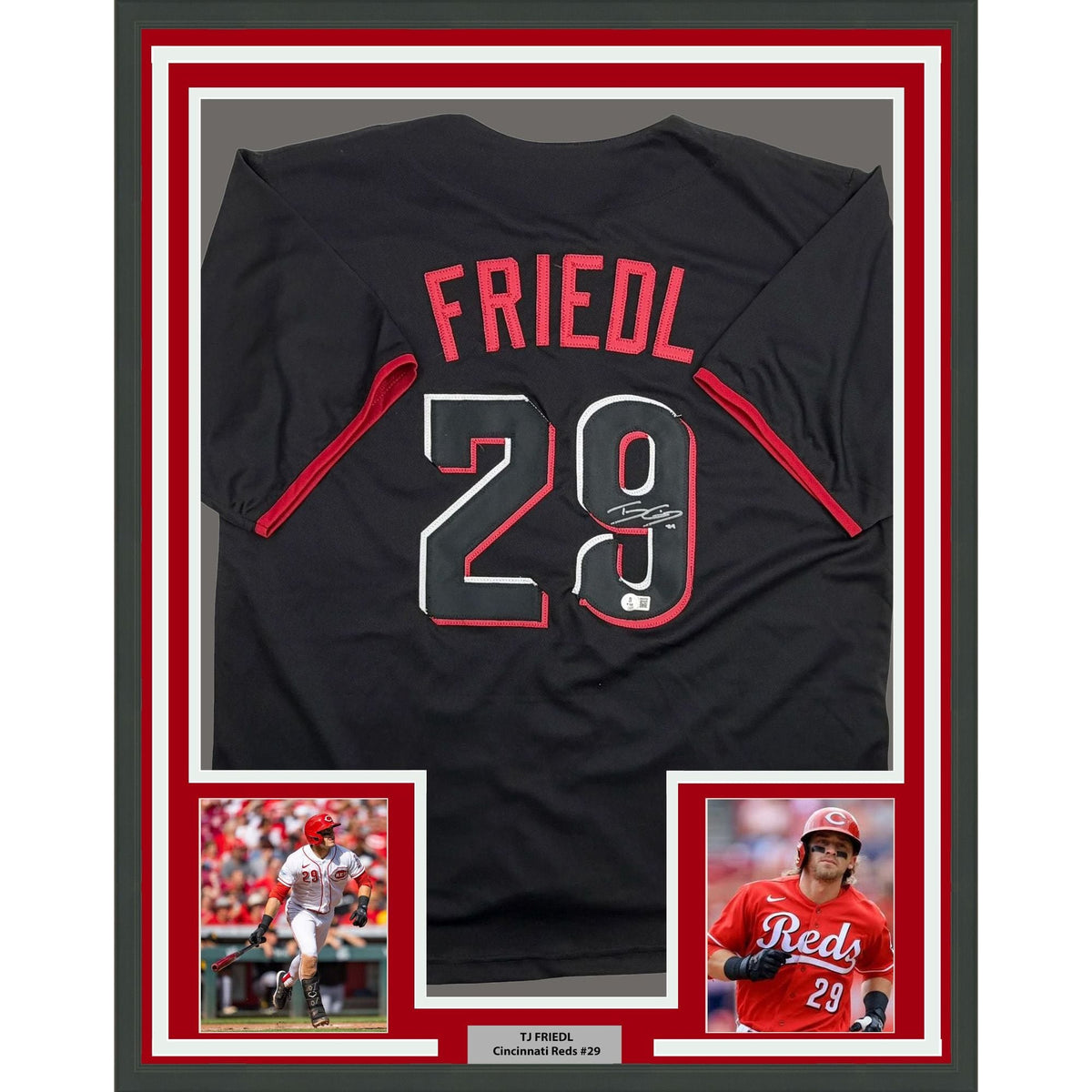 Framed Autographed/Signed TJ Friedl 35x39 Cincinnati Black City Connect Baseball Jersey Beckett BAS COA