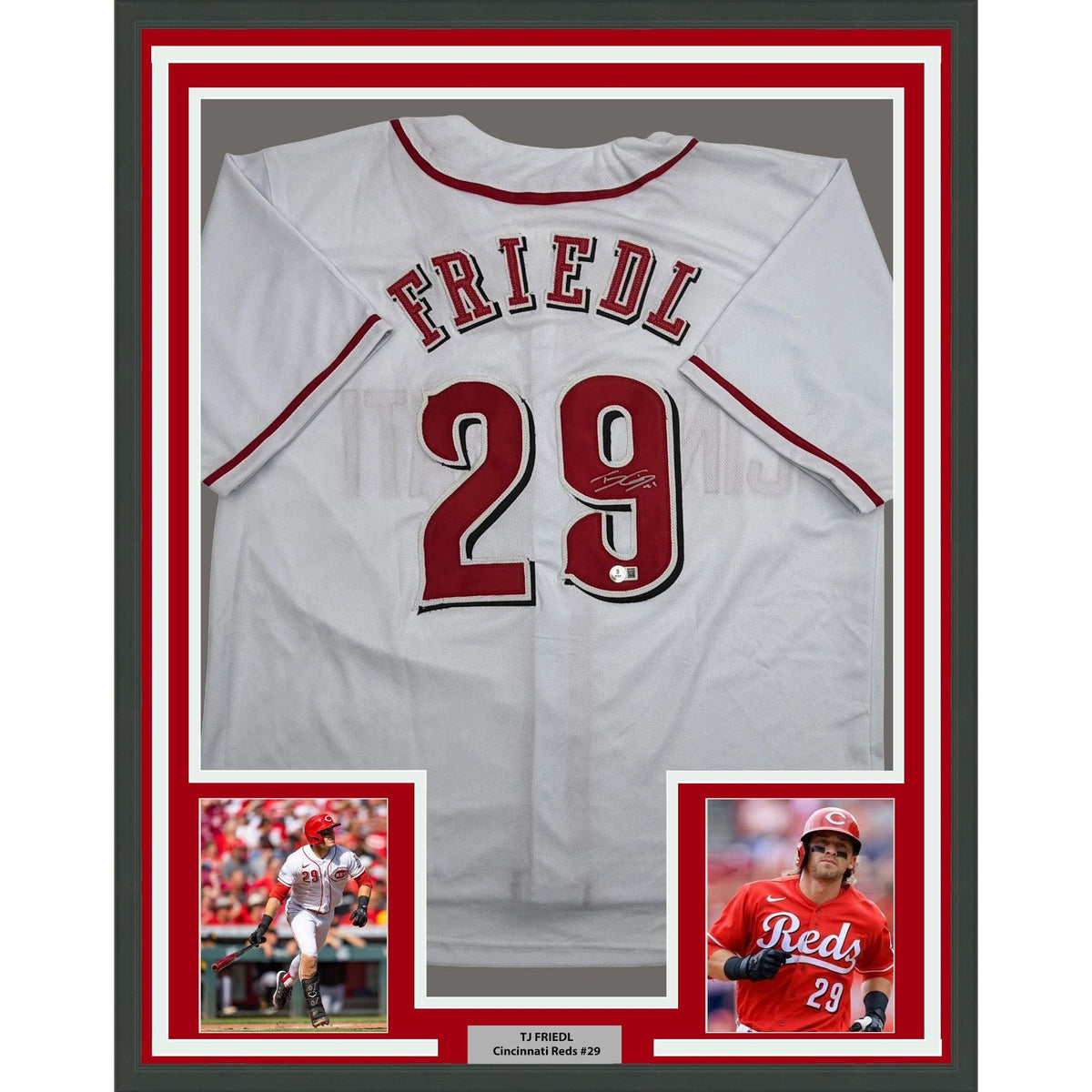 Framed Autographed/Signed TJ Friedl 35x39 Cincinnati White Baseball Jersey Beckett BAS COA
