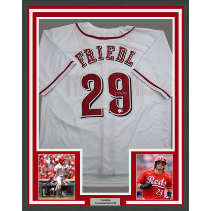 Framed Autographed/Signed TJ Friedl 35x39 Cincinnati White Baseball Jersey Beckett BAS COA