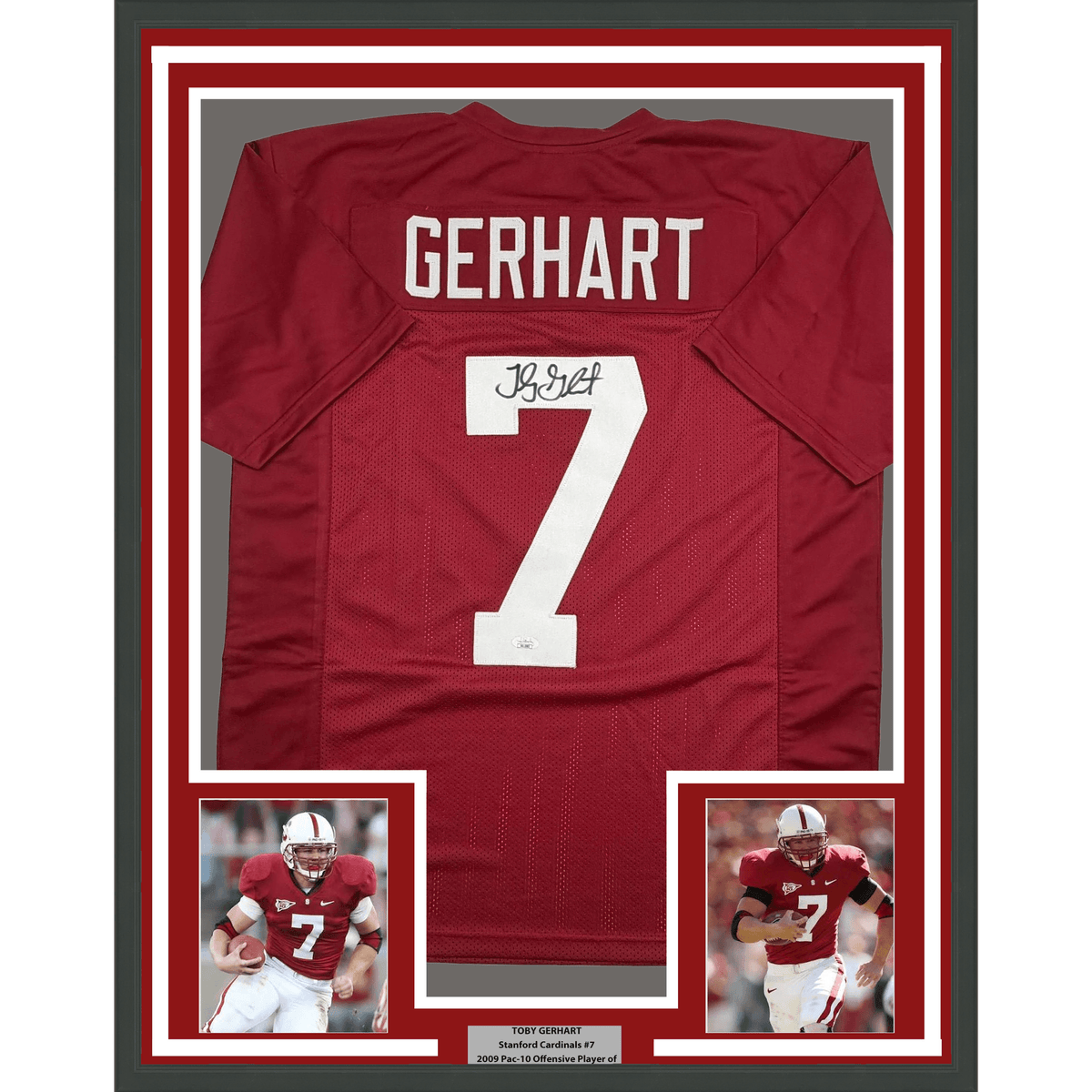 Framed Autographed/Signed Toby Gerhart 35x39 Stanford Red College Football Jersey JSA COA