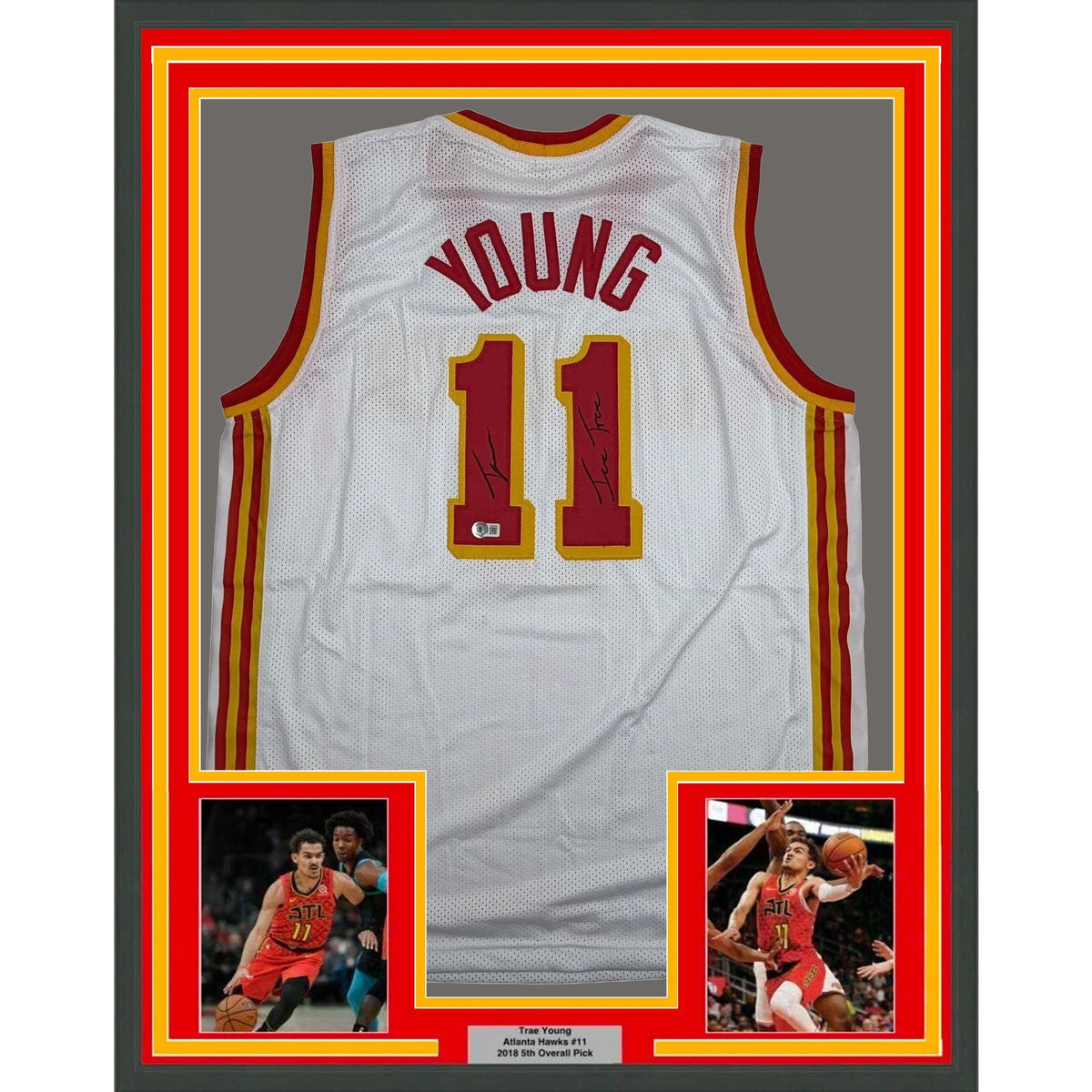 Framed Autographed/Signed Trae Young Ice Trae 35x39 Atlanta White Basketball Jersey Beckett BAS COA