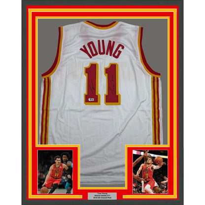 Framed Autographed/Signed Trae Young Ice Trae 35x39 Atlanta White Basketball Jersey Beckett BAS COA