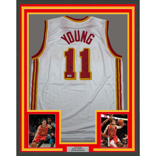 Framed Autographed/Signed Trae Young Ice Trae 35x39 Atlanta White Basketball Jersey Beckett BAS COA
