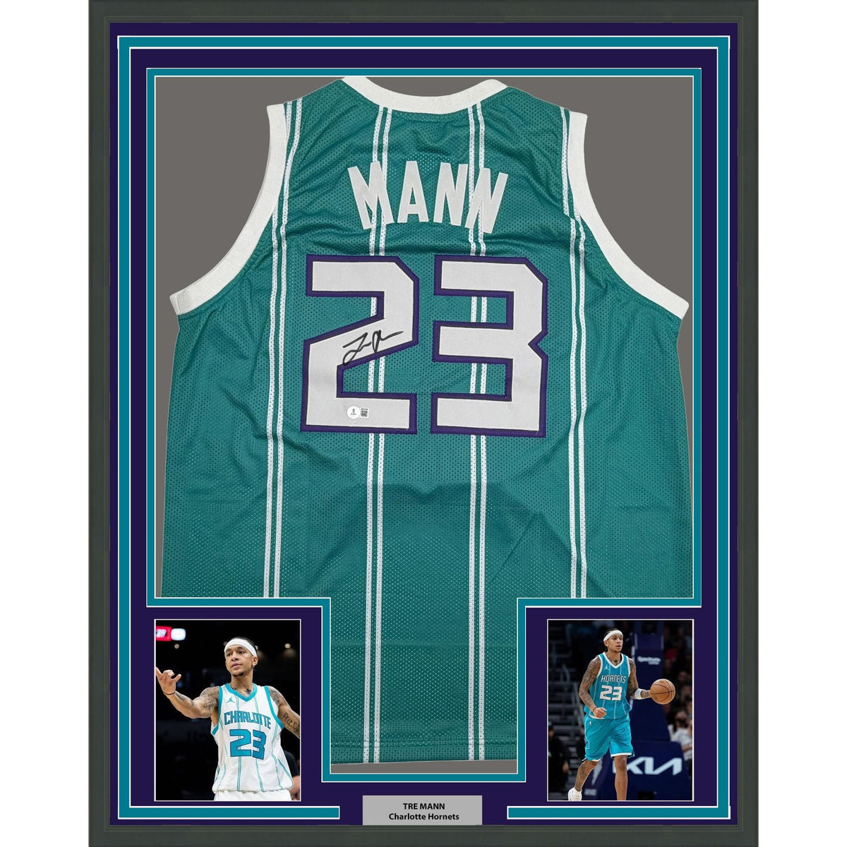 Framed Autographed/Signed Tre Mann 35x39 Charlotte Teal Basketball Jersey Beckett BAS COA