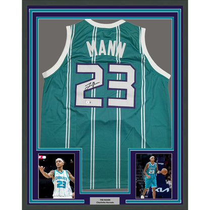 Framed Autographed/Signed Tre Mann 35x39 Charlotte Teal Basketball Jersey Beckett BAS COA