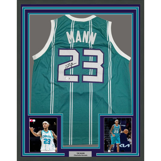 Framed Autographed/Signed Tre Mann 35x39 Charlotte Teal Basketball Jersey Beckett BAS COA