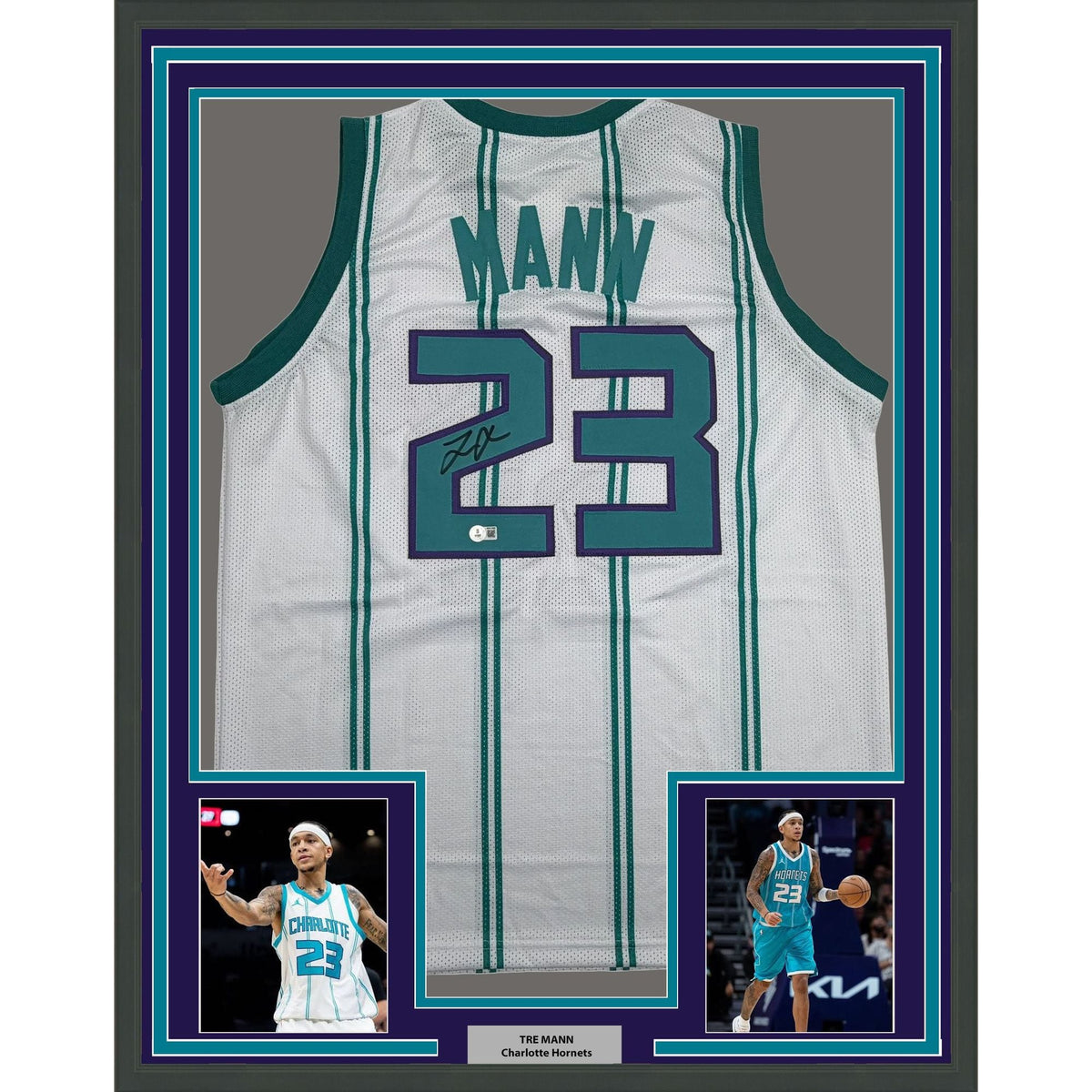 Framed Autographed/Signed Tre Mann 35x39 Charlotte White Basketball Jersey Beckett BAS COA