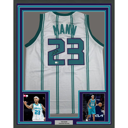 Framed Autographed/Signed Tre Mann 35x39 Charlotte White Basketball Jersey Beckett BAS COA