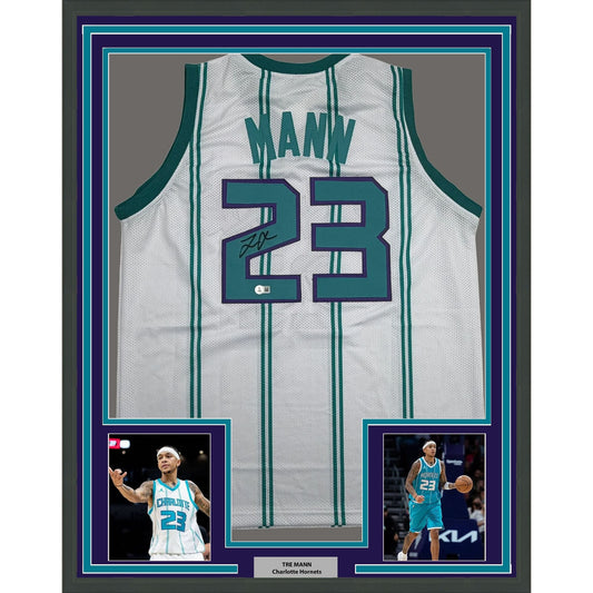 Framed Autographed/Signed Tre Mann 35x39 Charlotte White Basketball Jersey Beckett BAS COA