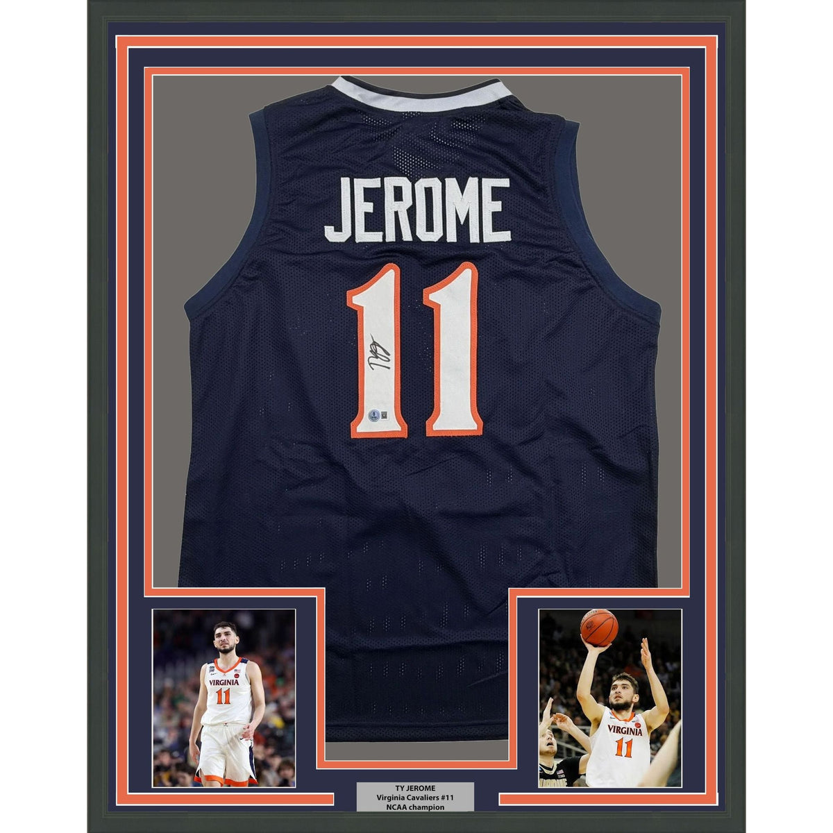 Framed Autographed/Signed Ty Jerome 35x39 Virginia Blue College Basketball Jersey Beckett BAS COA