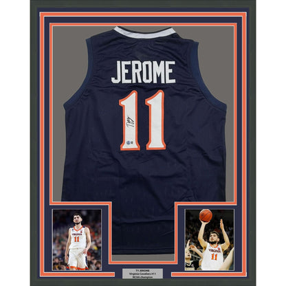 Framed Autographed/Signed Ty Jerome 35x39 Virginia Blue College Basketball Jersey Beckett BAS COA