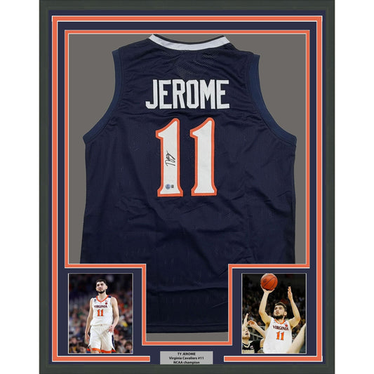 Framed Autographed/Signed Ty Jerome 35x39 Virginia Blue College Basketball Jersey Beckett BAS COA