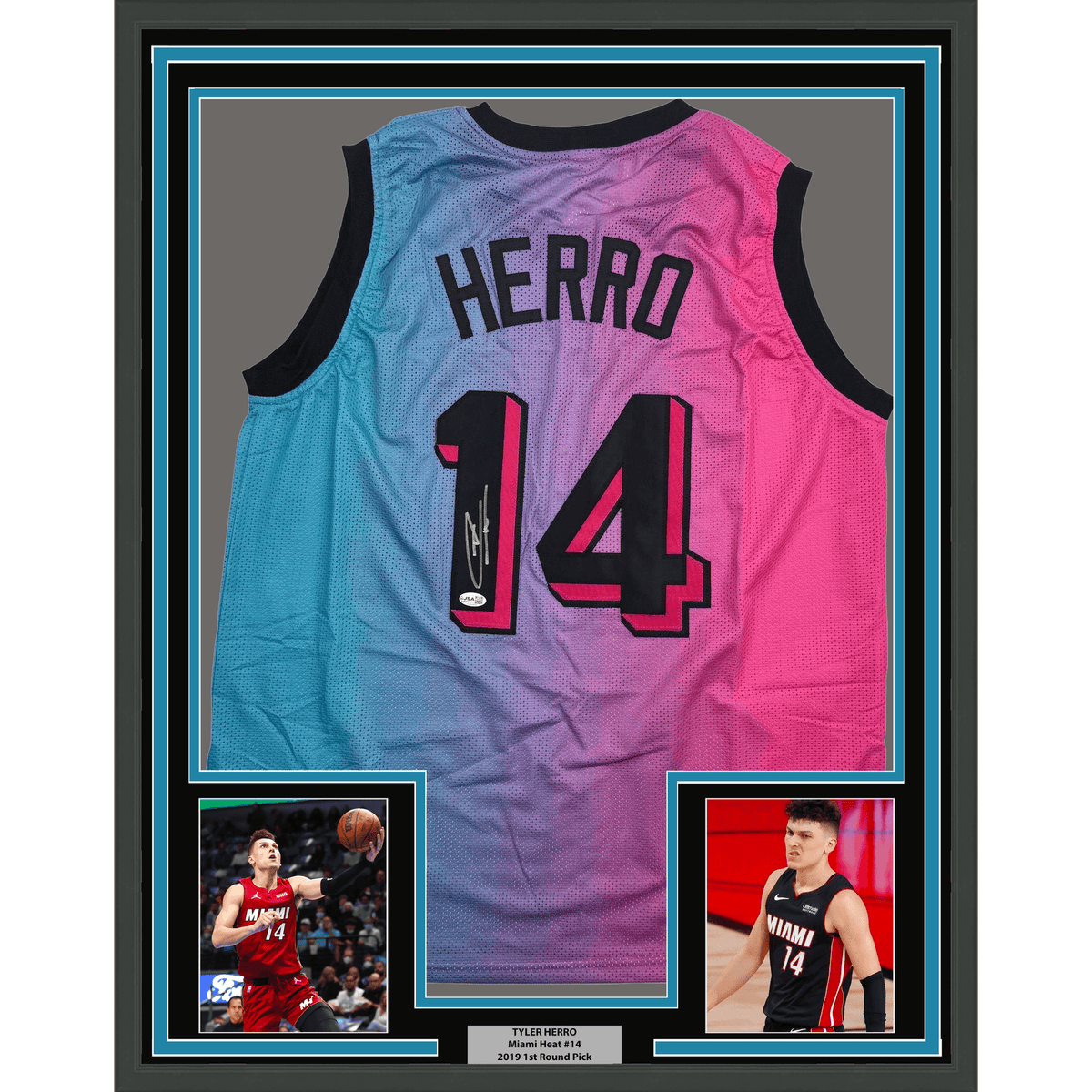 Framed Autographed/Signed Tyler Herro 35x39 Miami Vice Basketball Jersey JSA COA