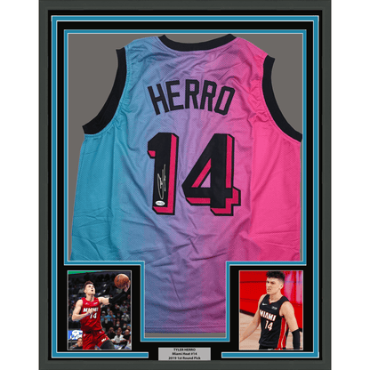 Framed Autographed/Signed Tyler Herro 35x39 Miami Vice Basketball Jersey JSA COA