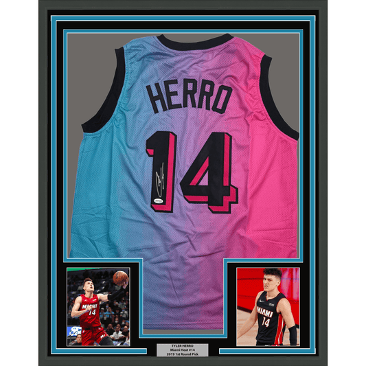 Framed Autographed/Signed Tyler Herro 35x39 Miami Vice Basketball Jersey JSA COA