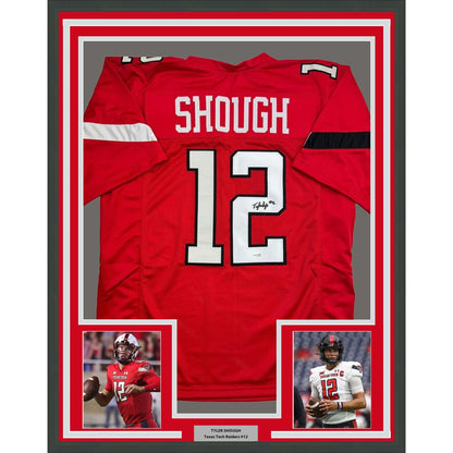Framed Autographed/Signed Tyler Shough 35x39 Texas Tech Red College Football Jersey JSA COA
