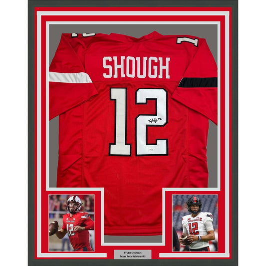 Framed Autographed/Signed Tyler Shough 35x39 Texas Tech Red College Football Jersey JSA COA