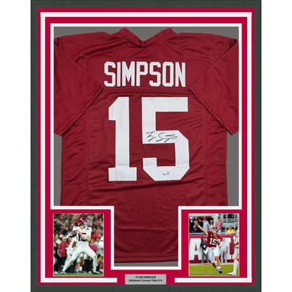 Framed Autographed/Signed Tyler Ty Simpson 35x39 Alabama Red College Football Jersey Beckett BAS COA