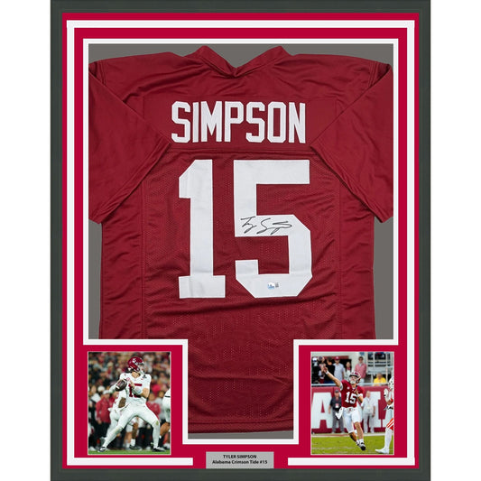 Framed Autographed/Signed Tyler Ty Simpson 35x39 Alabama Red College Football Jersey Beckett BAS COA