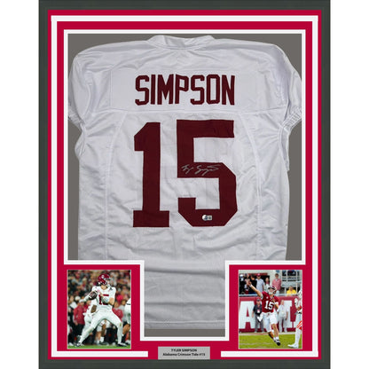 Framed Autographed/Signed Tyler Ty Simpson 35x39 Alabama White College Football Jersey Beckett BAS COA