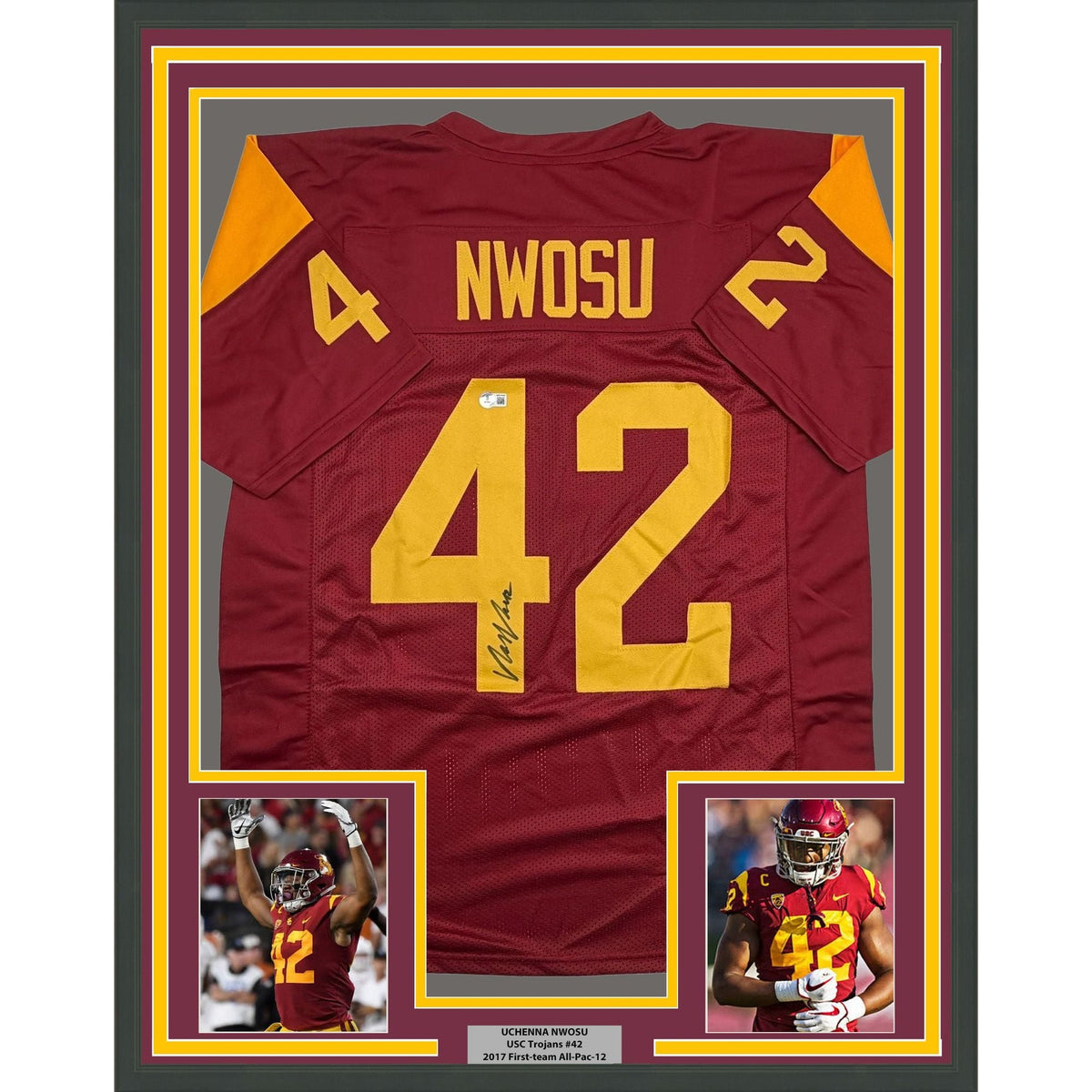 Framed Autographed/Signed Uchenna Nwosu 35x39 USC Southern Cal Red College Football Jersey Beckett BAS COA