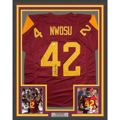 Framed Autographed/Signed Uchenna Nwosu 35x39 USC Southern Cal Red College Football Jersey Beckett BAS COA
