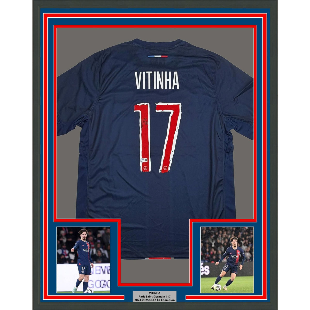 Framed Autographed/Signed Vitinha 35x39 PSG Paris Saint Germain Blue Soccer Jersey Beckett BAS COA