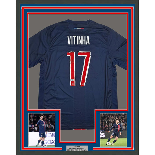 Framed Autographed/Signed Vitinha 35x39 PSG Paris Saint Germain Blue Soccer Jersey Beckett BAS COA