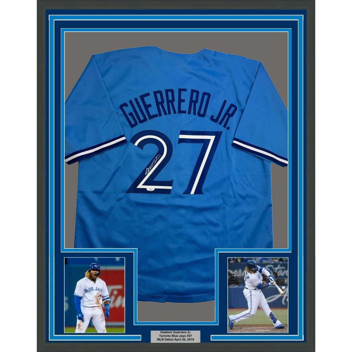 Framed Autographed/Signed Vladimir Guerrero Jr. 35x39 Toronto Light Blue Baseball Jersey JSA COA