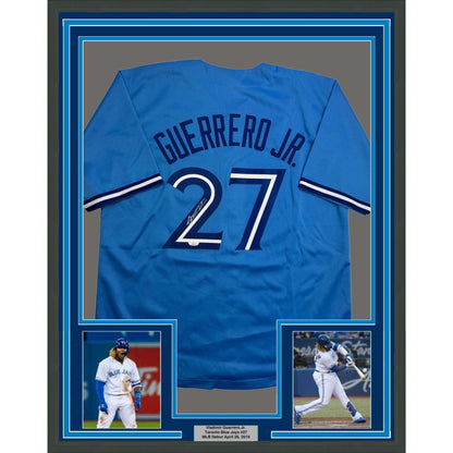 Framed Autographed/Signed Vladimir Guerrero Jr. 35x39 Toronto Light Blue Baseball Jersey JSA COA