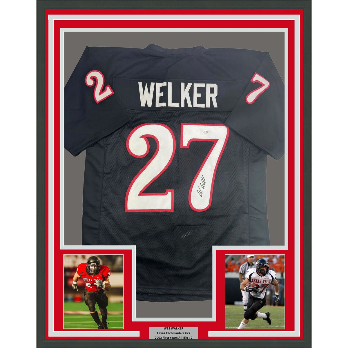 Framed Autographed/Signed Wes Welker 35x39 Texas Tech Black College Football Jersey JSA COA
