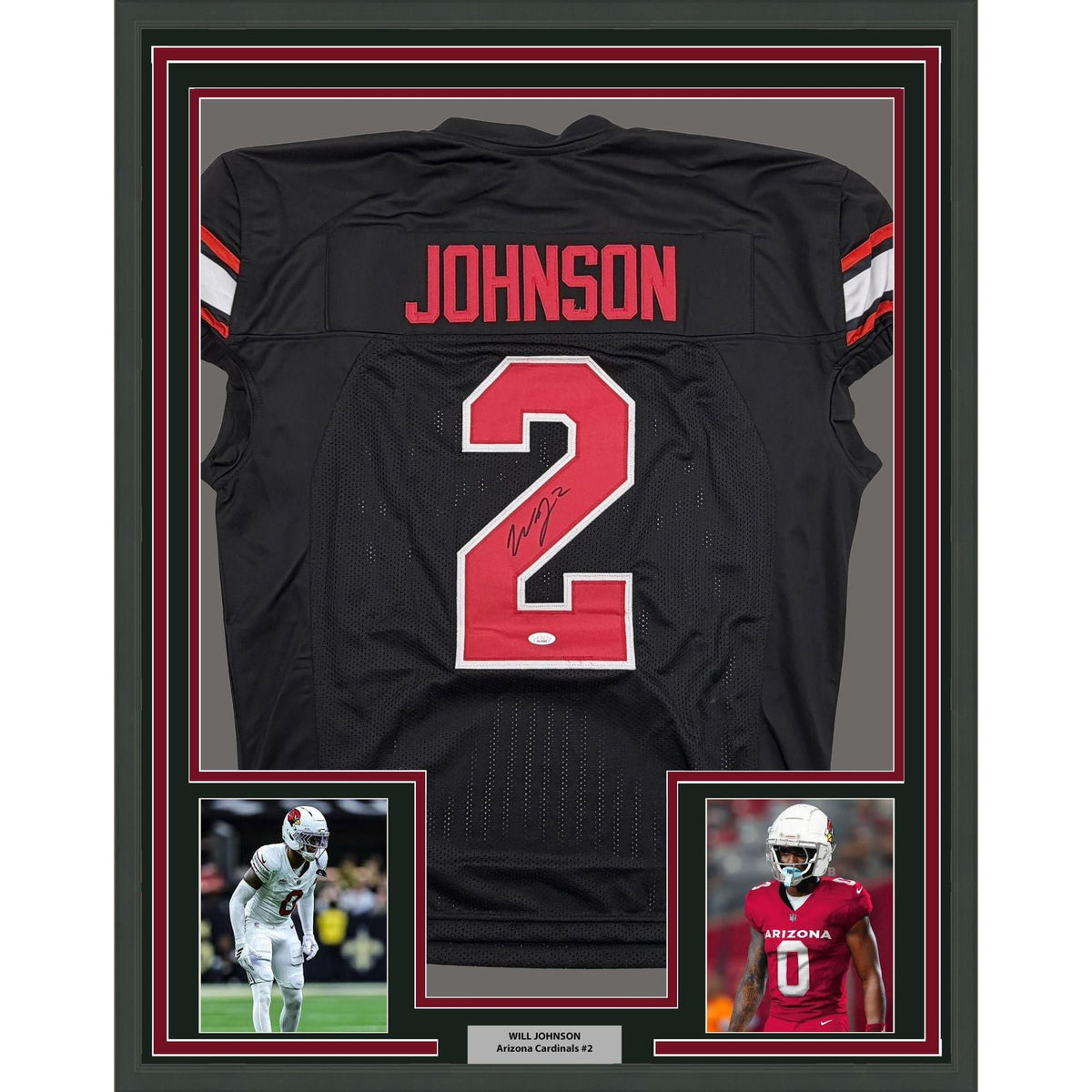 Framed Autographed/Signed Will Johnson 35x39 Arizona Black Pro Cut Football Jersey Beckett BAS COA