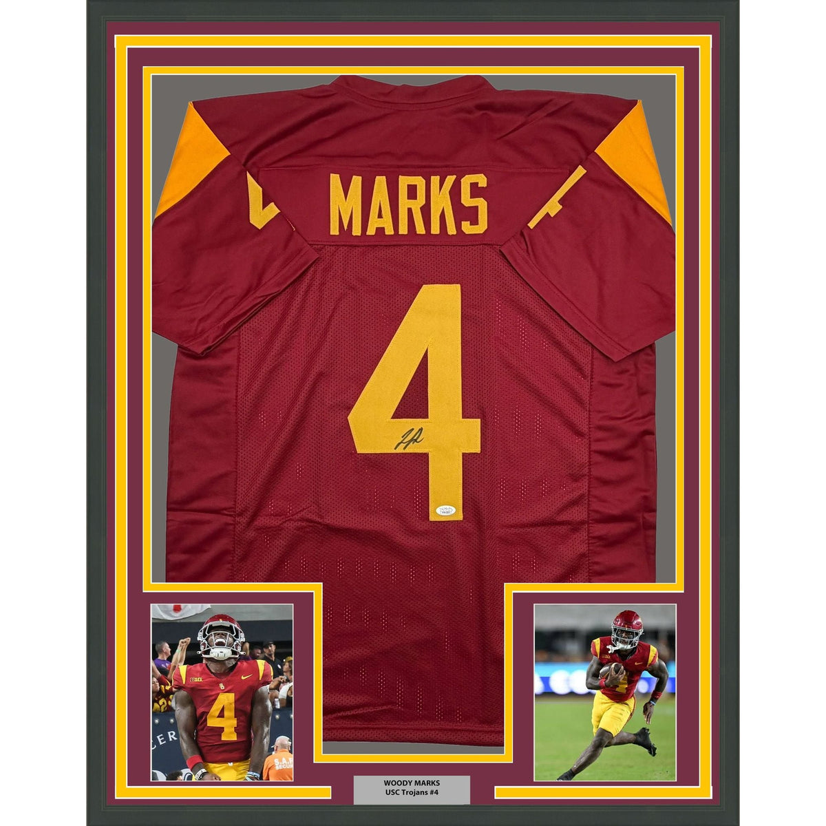 Framed Autographed/Signed Jo'quavious Woody Marks 35x39 USC Southern Cal Red College Football Jersey JSA COA